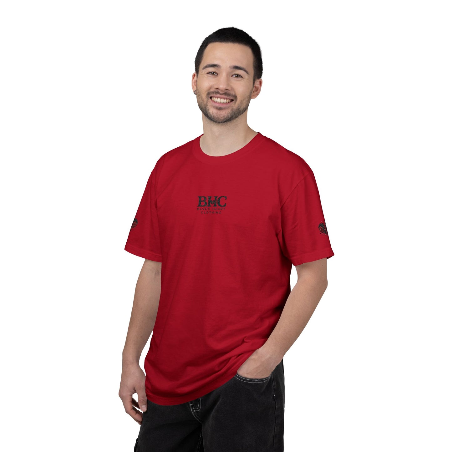 BHC Classic Logo Tee — Minimalist White Graphic T-Shirt with Rose Sleeve Accents