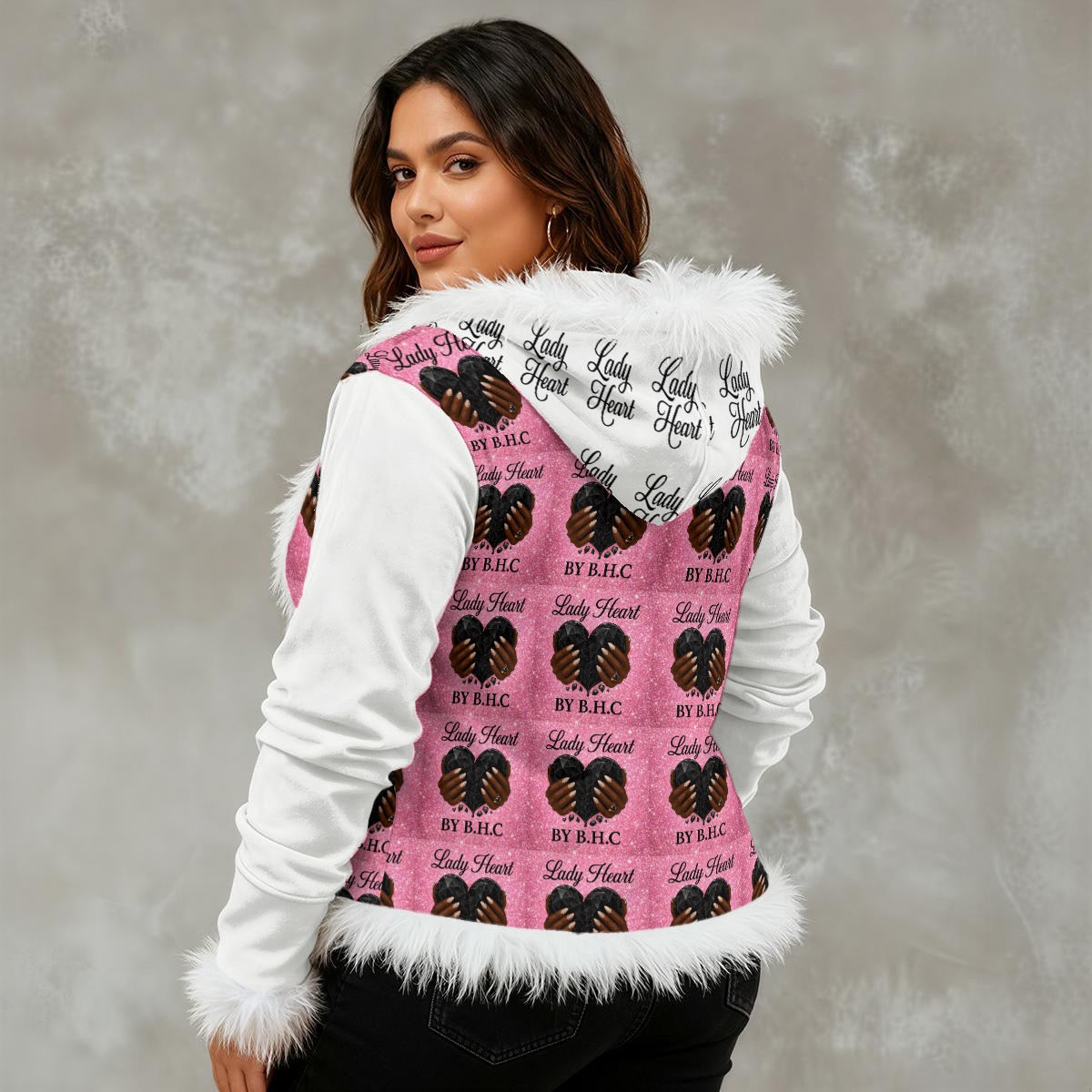 All-Over Print Women's Faux Fur Trim Hooded Jacket | Velvet