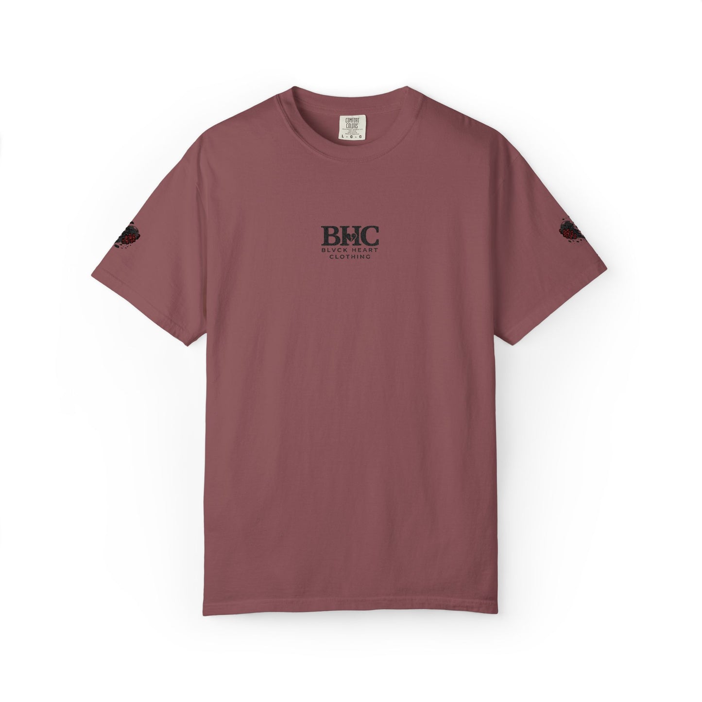 BHC Classic Logo Tee — Minimalist White Graphic T-Shirt with Rose Sleeve Accents