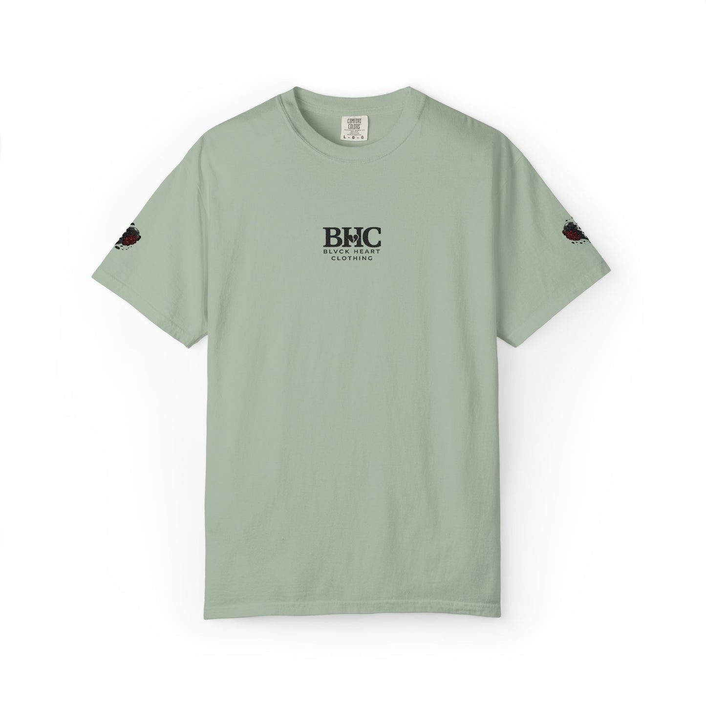 BHC Classic Logo Tee — Minimalist White Graphic T-Shirt with Rose Sleeve Accents