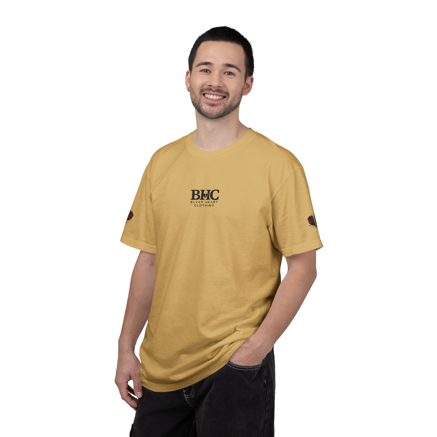 BHC Classic Logo Tee — Minimalist White Graphic T-Shirt with Rose Sleeve Accents