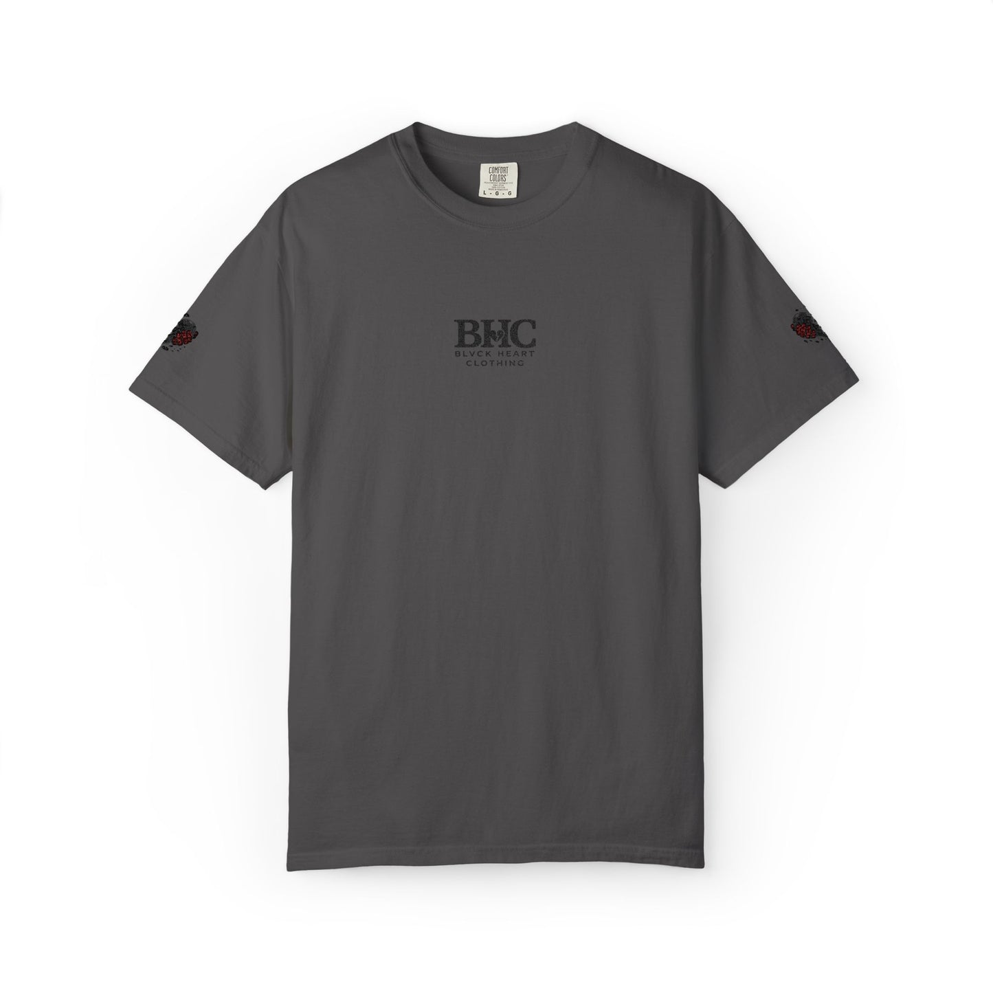 BHC Classic Logo Tee — Minimalist White Graphic T-Shirt with Rose Sleeve Accents
