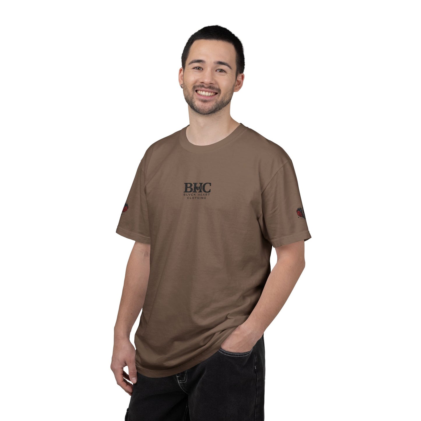 BHC Classic Logo Tee — Minimalist White Graphic T-Shirt with Rose Sleeve Accents
