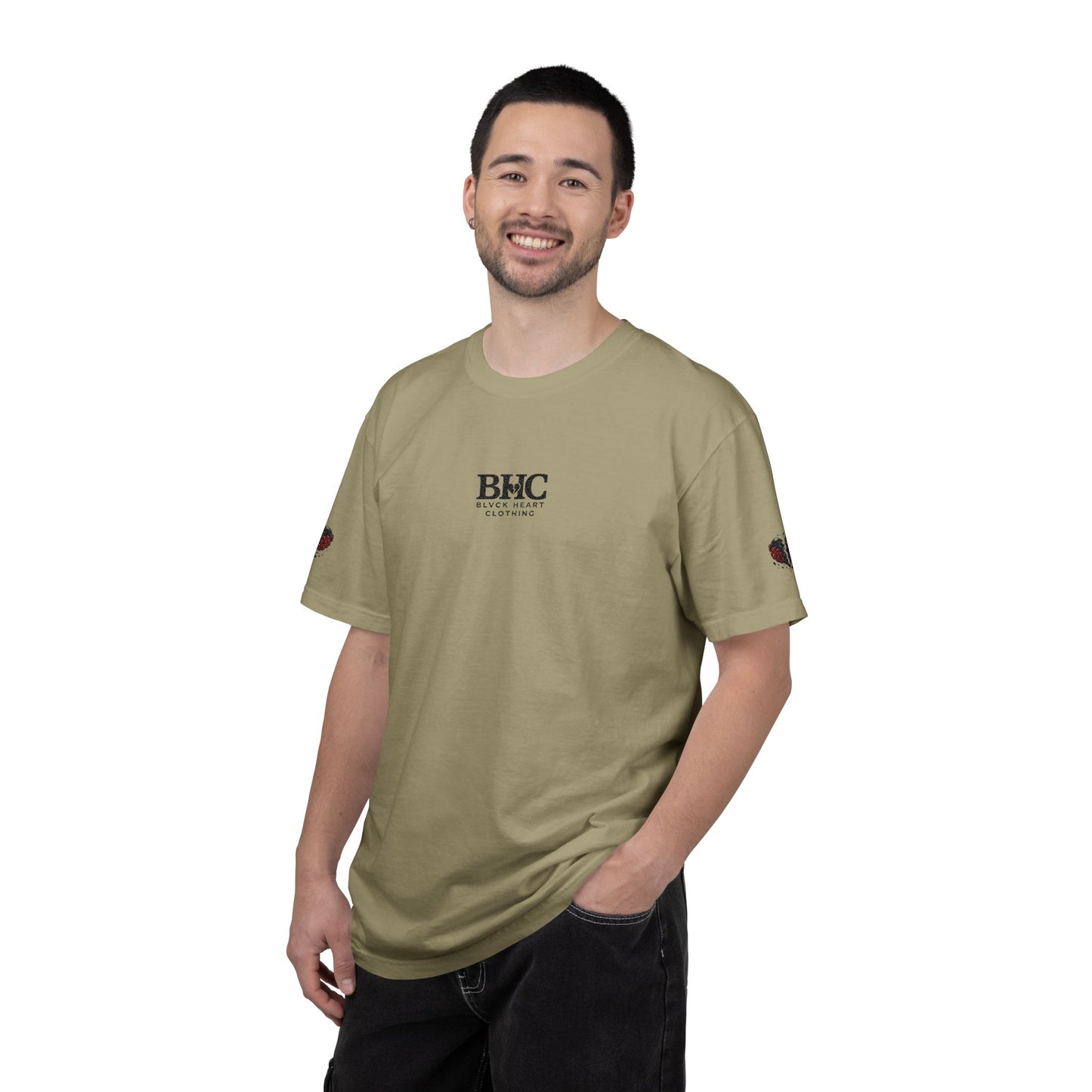 BHC Classic Logo Tee — Minimalist White Graphic T-Shirt with Rose Sleeve Accents
