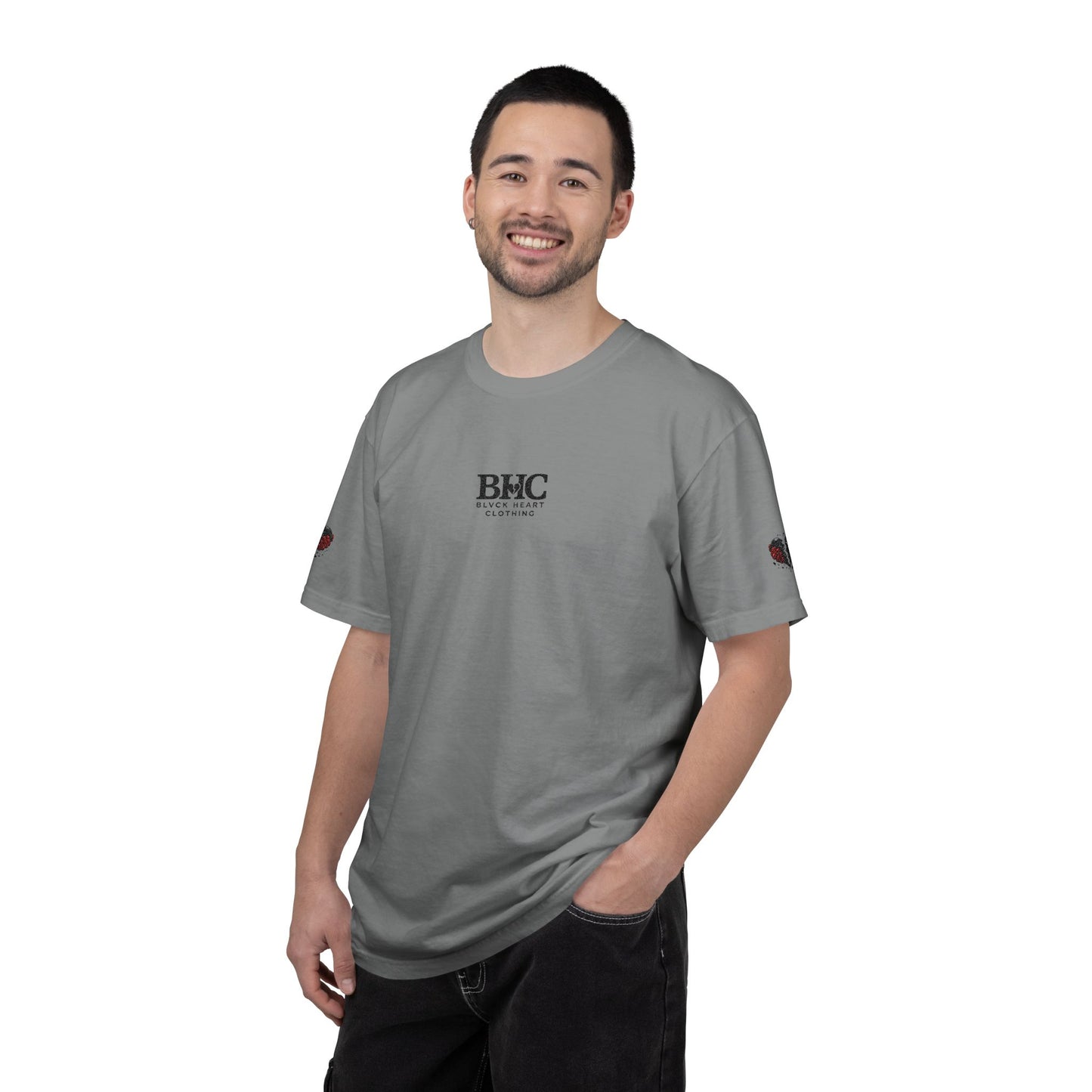 BHC Classic Logo Tee — Minimalist White Graphic T-Shirt with Rose Sleeve Accents