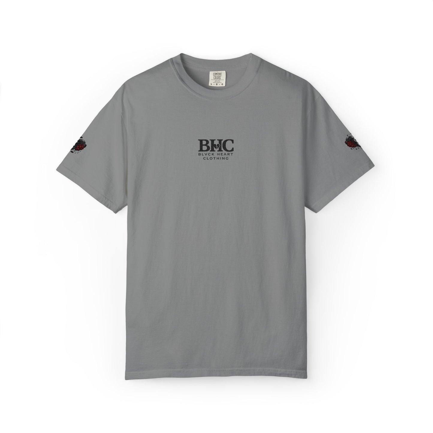 BHC Classic Logo Tee — Minimalist White Graphic T-Shirt with Rose Sleeve Accents
