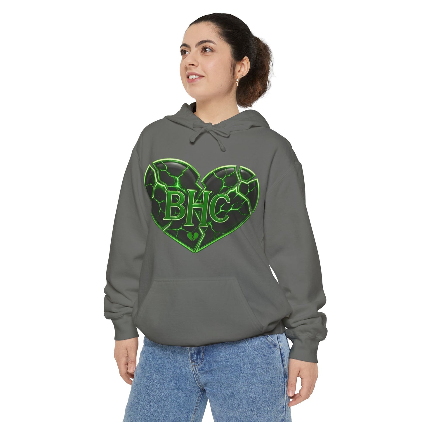 Heart Patch Hoodie — Green Cracked Heart "BHC" Graphic