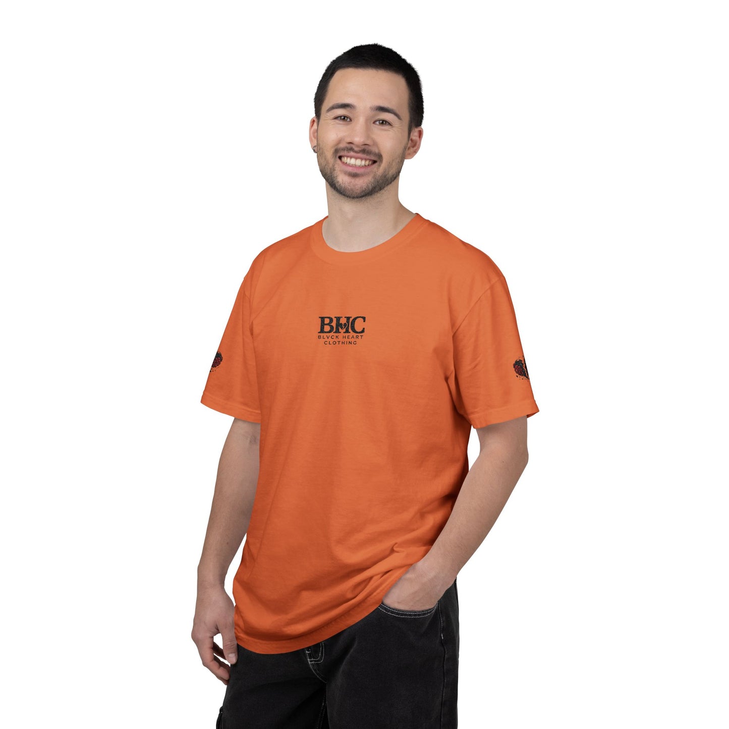 BHC Classic Logo Tee — Minimalist White Graphic T-Shirt with Rose Sleeve Accents