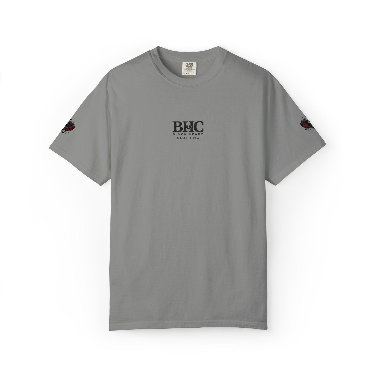 BHC Classic Logo Tee — Minimalist White Graphic T-Shirt with Rose Sleeve Accents