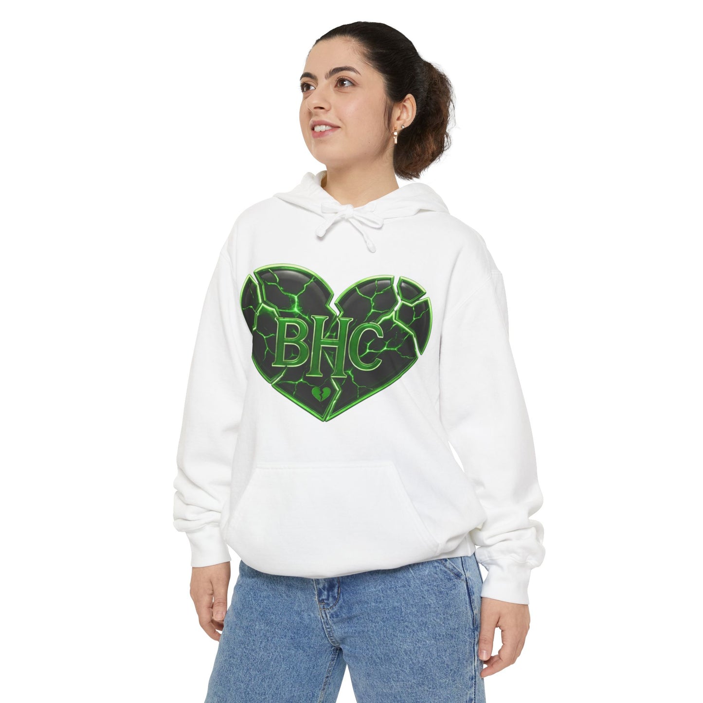 Heart Patch Hoodie — Green Cracked Heart "BHC" Graphic