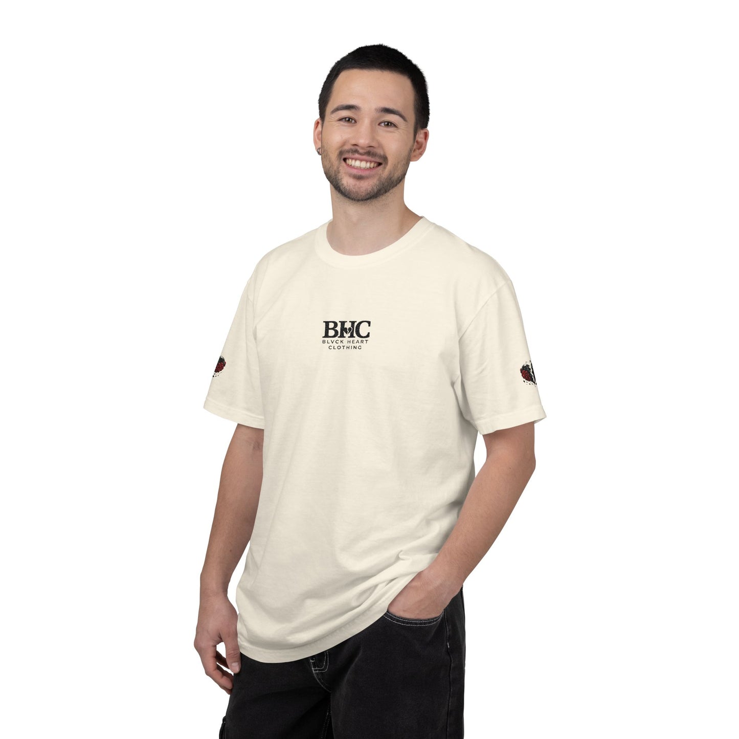 BHC Classic Logo Tee — Minimalist White Graphic T-Shirt with Rose Sleeve Accents