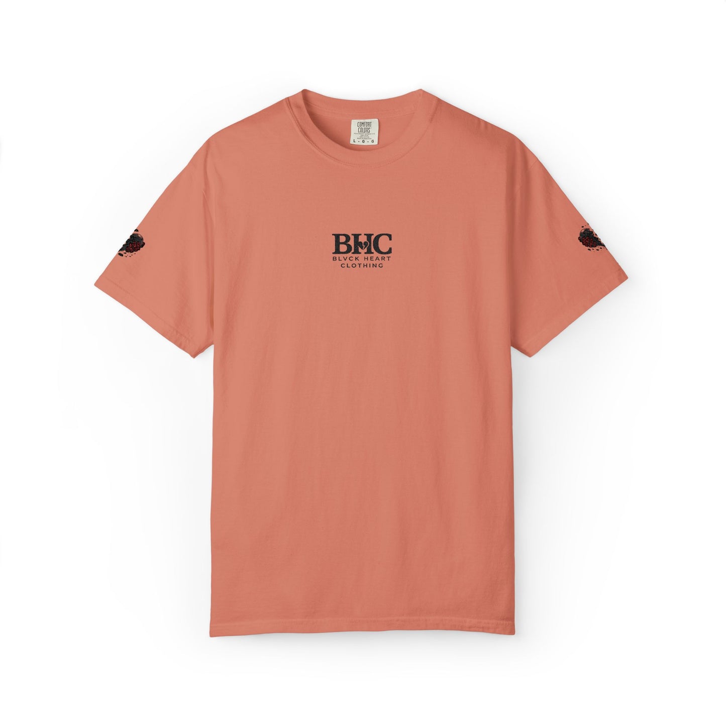BHC Classic Logo Tee — Minimalist White Graphic T-Shirt with Rose Sleeve Accents