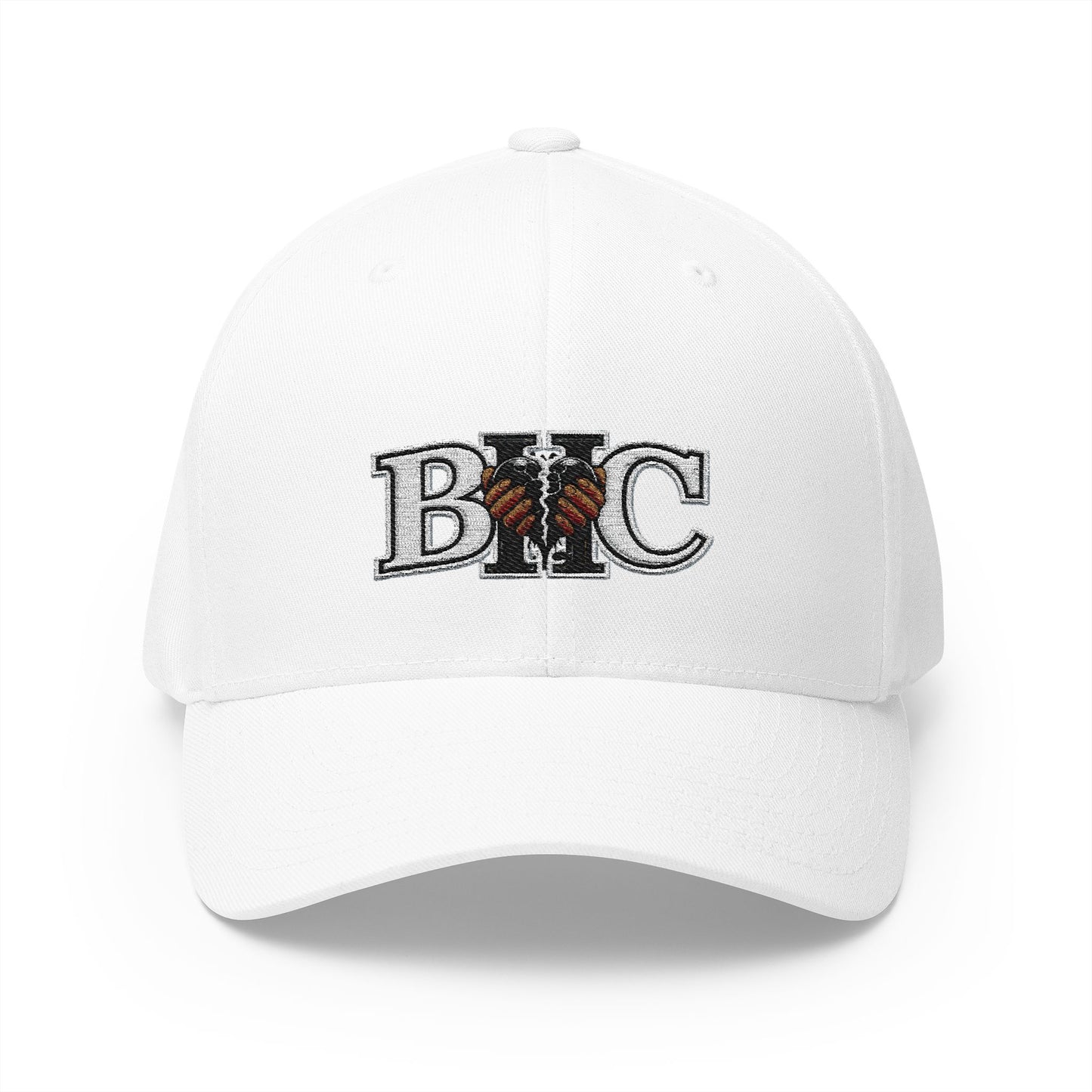 Embroidered BKC Logo Baseball Cap — White Structured Closed-Back Hat