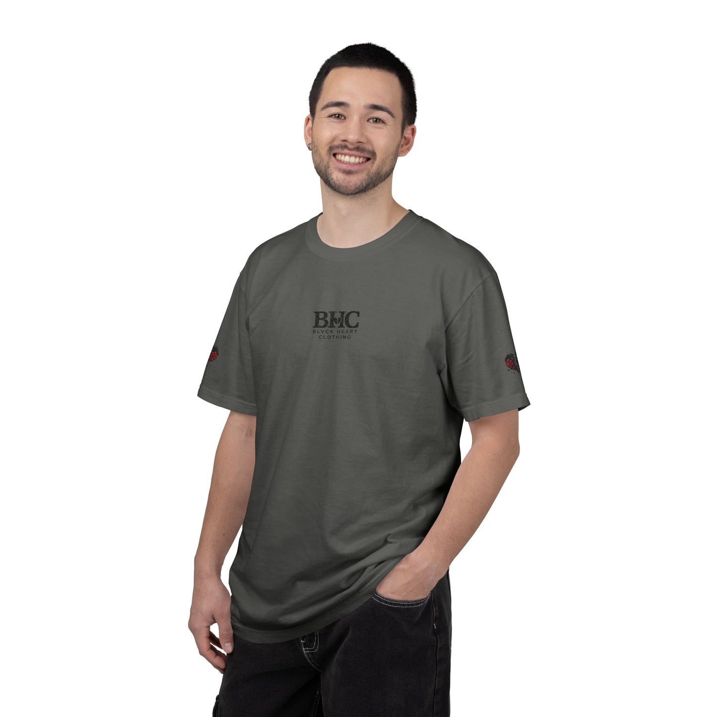 BHC Classic Logo Tee — Minimalist White Graphic T-Shirt with Rose Sleeve Accents