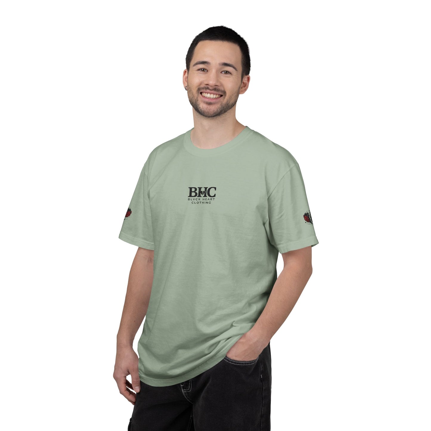 BHC Classic Logo Tee — Minimalist White Graphic T-Shirt with Rose Sleeve Accents