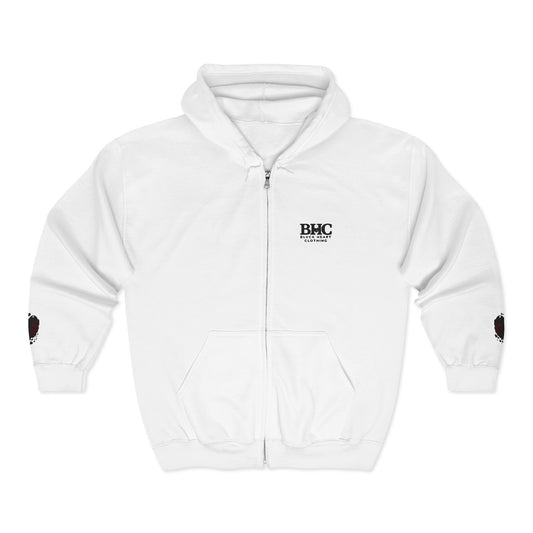 BHC Heart Logo Full-Zip Hoodie — Minimal White Zip-Up with Sleeve Hearts