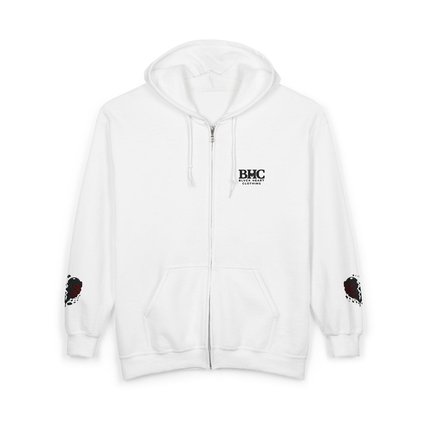 BHC Heart Logo Full-Zip Hoodie — Minimal White Zip-Up with Sleeve Hearts