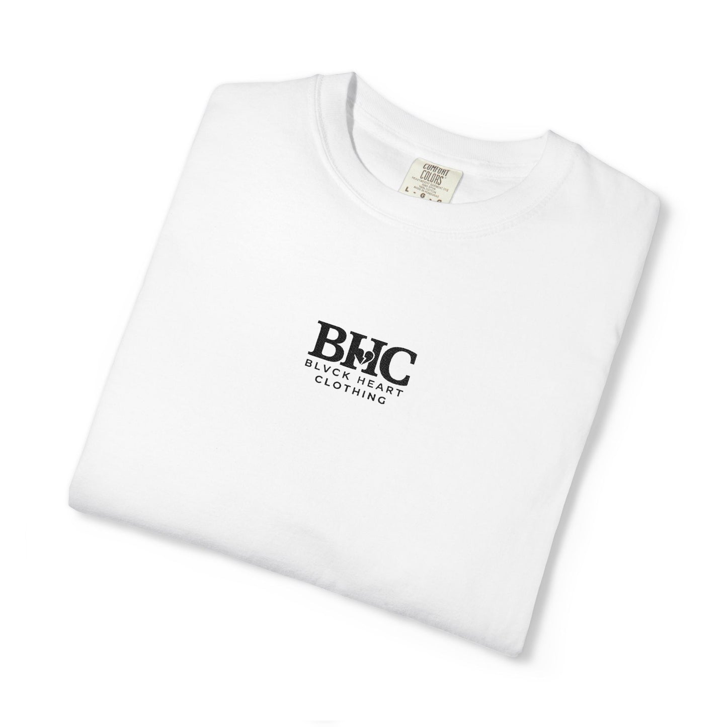 BHC Classic Logo Tee — Minimalist White Graphic T-Shirt with Rose Sleeve Accents