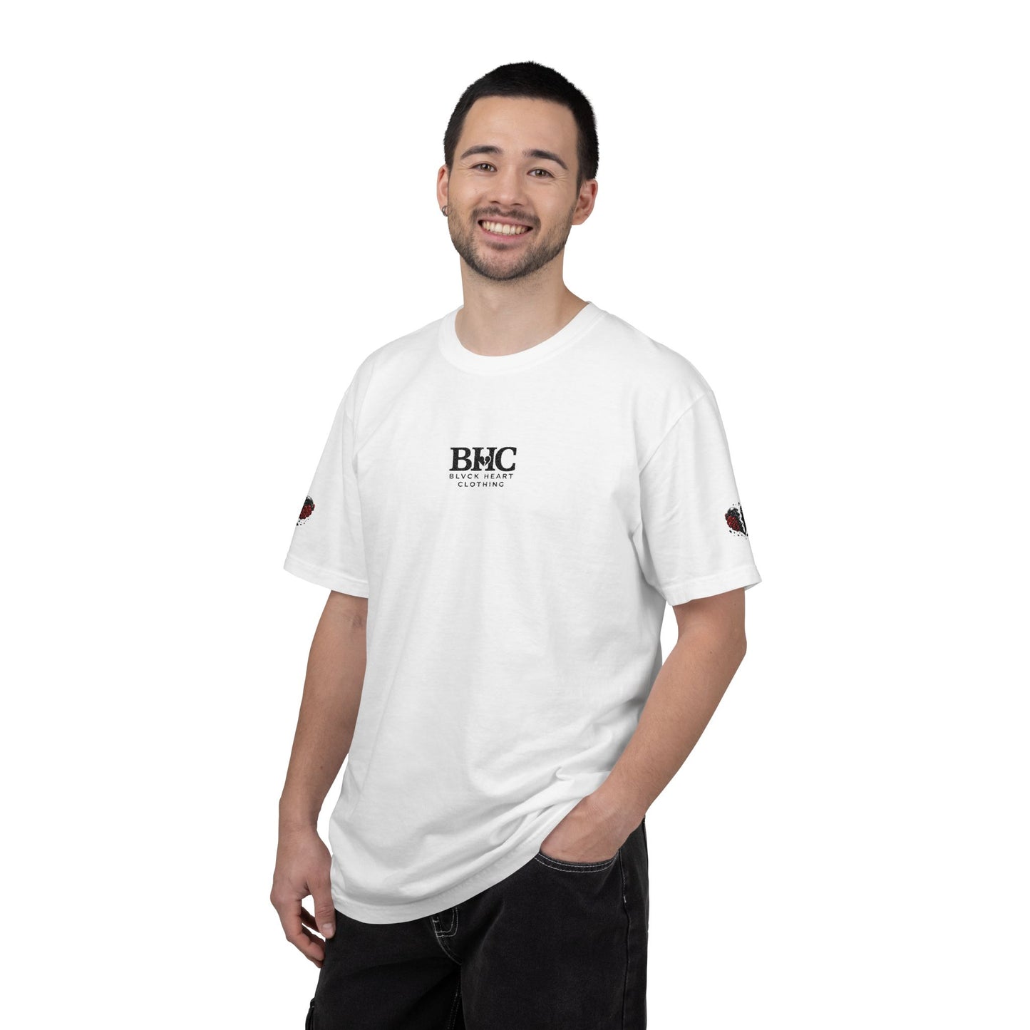 BHC Classic Logo Tee — Minimalist White Graphic T-Shirt with Rose Sleeve Accents