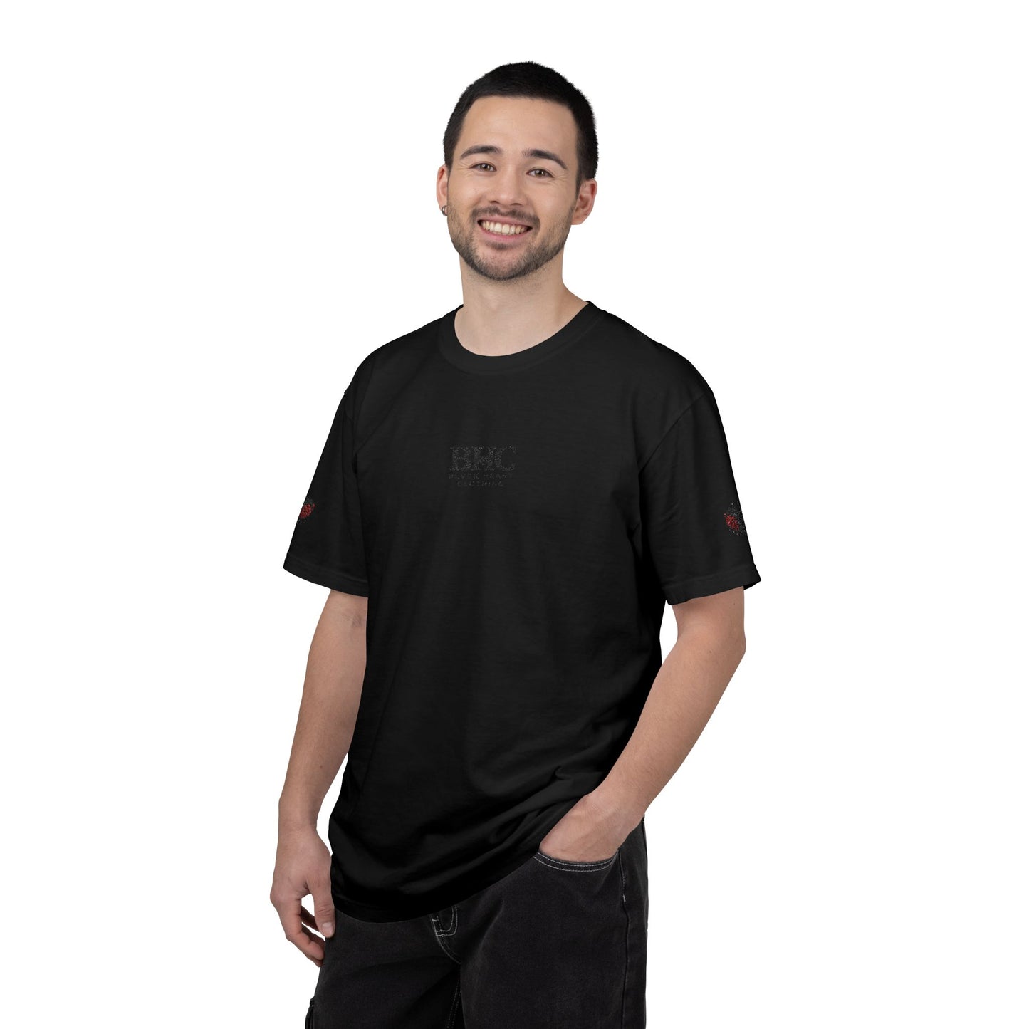 BHC Classic Logo Tee — Minimalist White Graphic T-Shirt with Rose Sleeve Accents