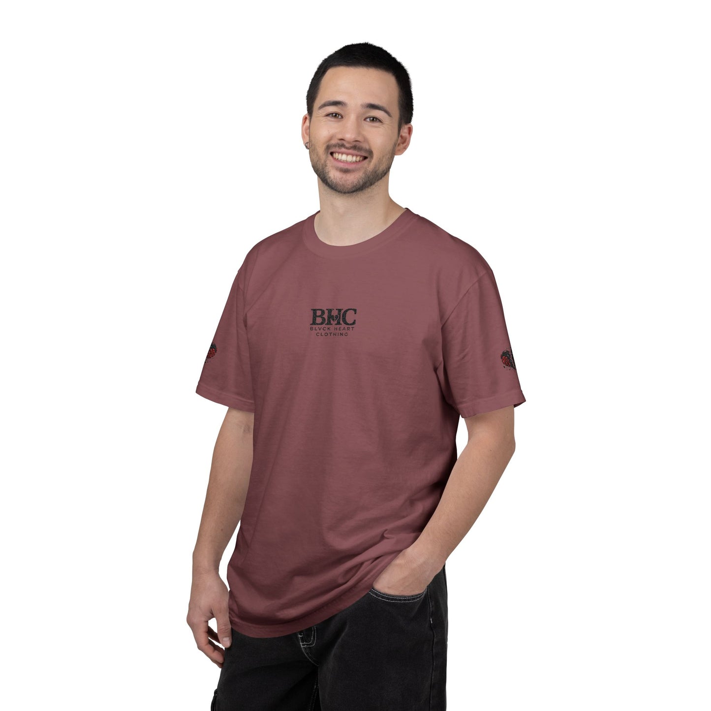 BHC Classic Logo Tee — Minimalist White Graphic T-Shirt with Rose Sleeve Accents