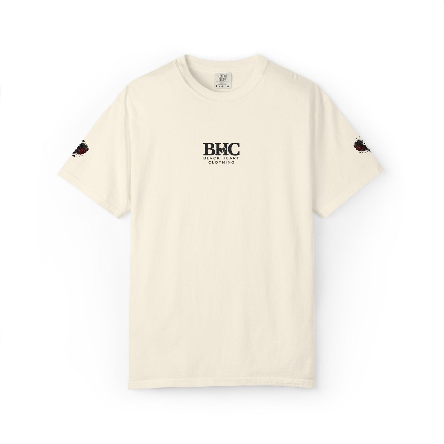 BHC Classic Logo Tee — Minimalist White Graphic T-Shirt with Rose Sleeve Accents