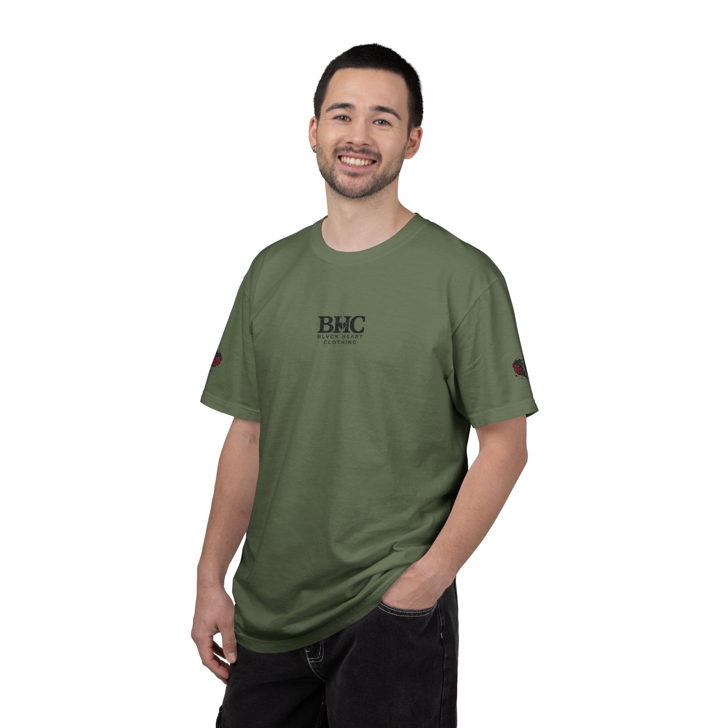 BHC Classic Logo Tee — Minimalist White Graphic T-Shirt with Rose Sleeve Accents