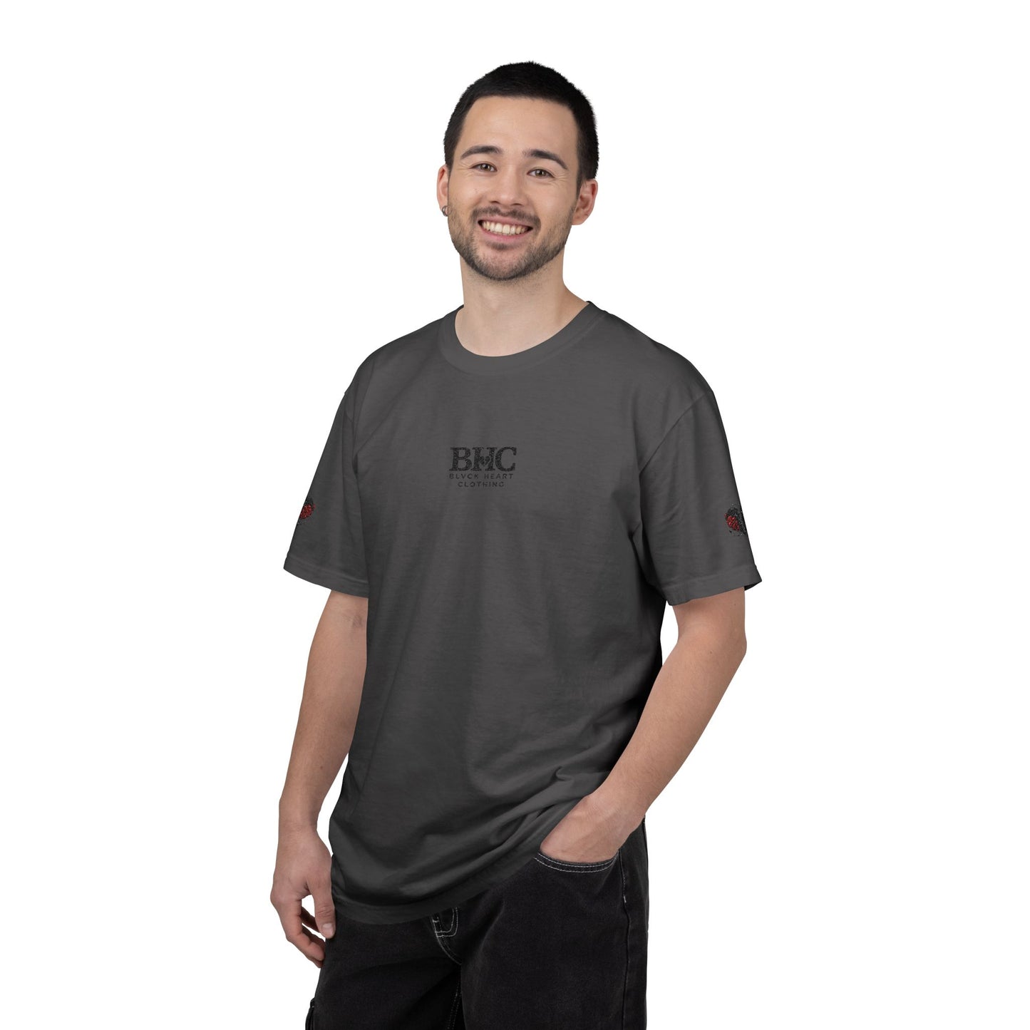 BHC Classic Logo Tee — Minimalist White Graphic T-Shirt with Rose Sleeve Accents