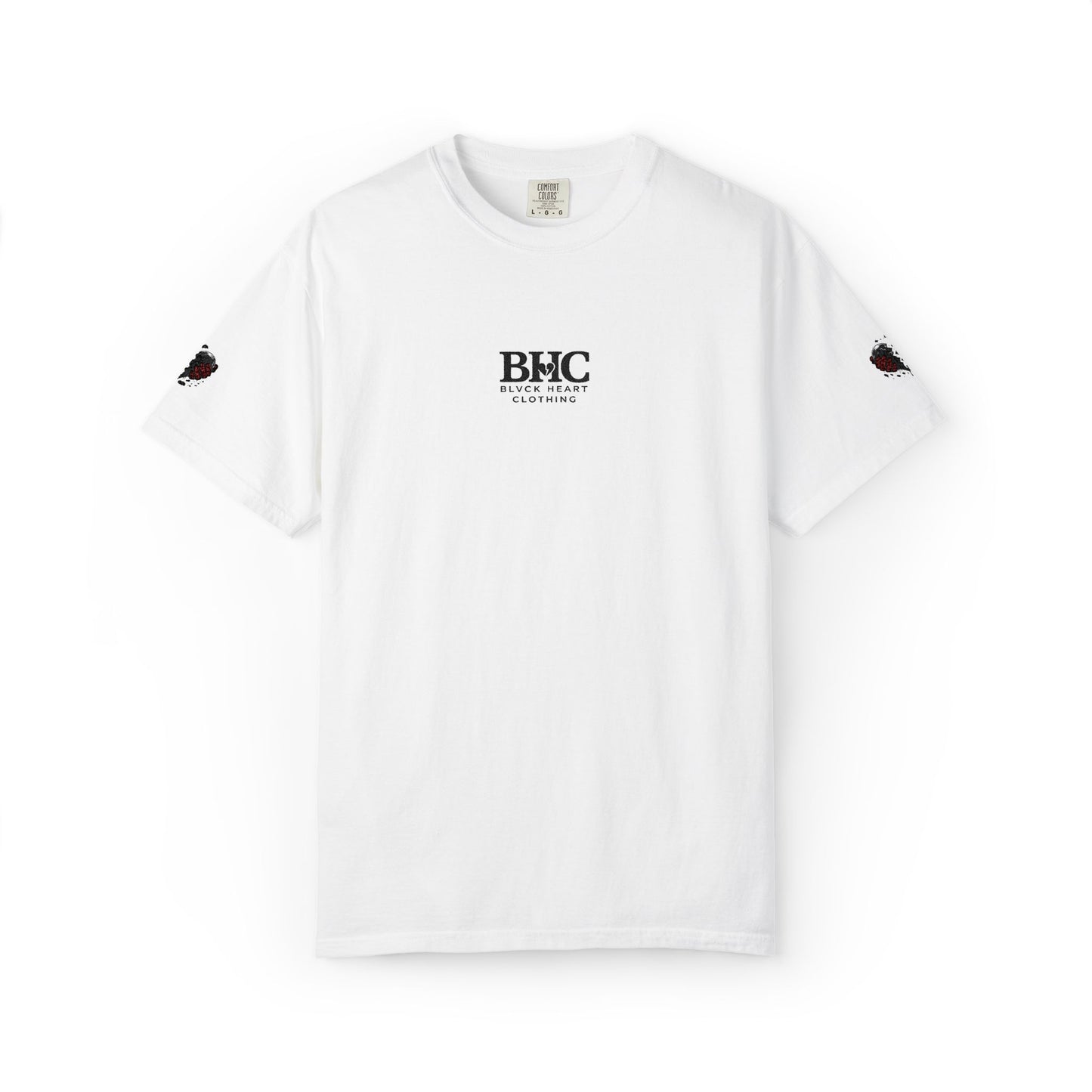 BHC Classic Logo Tee — Minimalist White Graphic T-Shirt with Rose Sleeve Accents