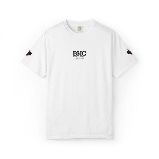 BHC Classic Logo Tee — Minimalist White Graphic T-Shirt with Rose Sleeve Accents