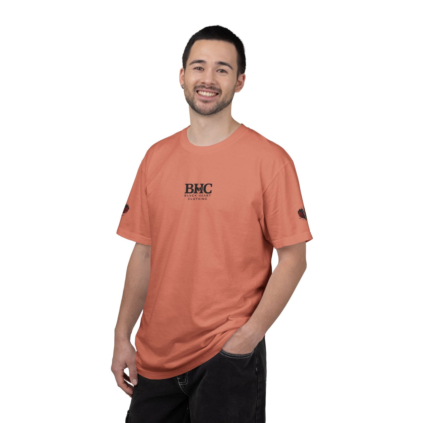 BHC Classic Logo Tee — Minimalist White Graphic T-Shirt with Rose Sleeve Accents