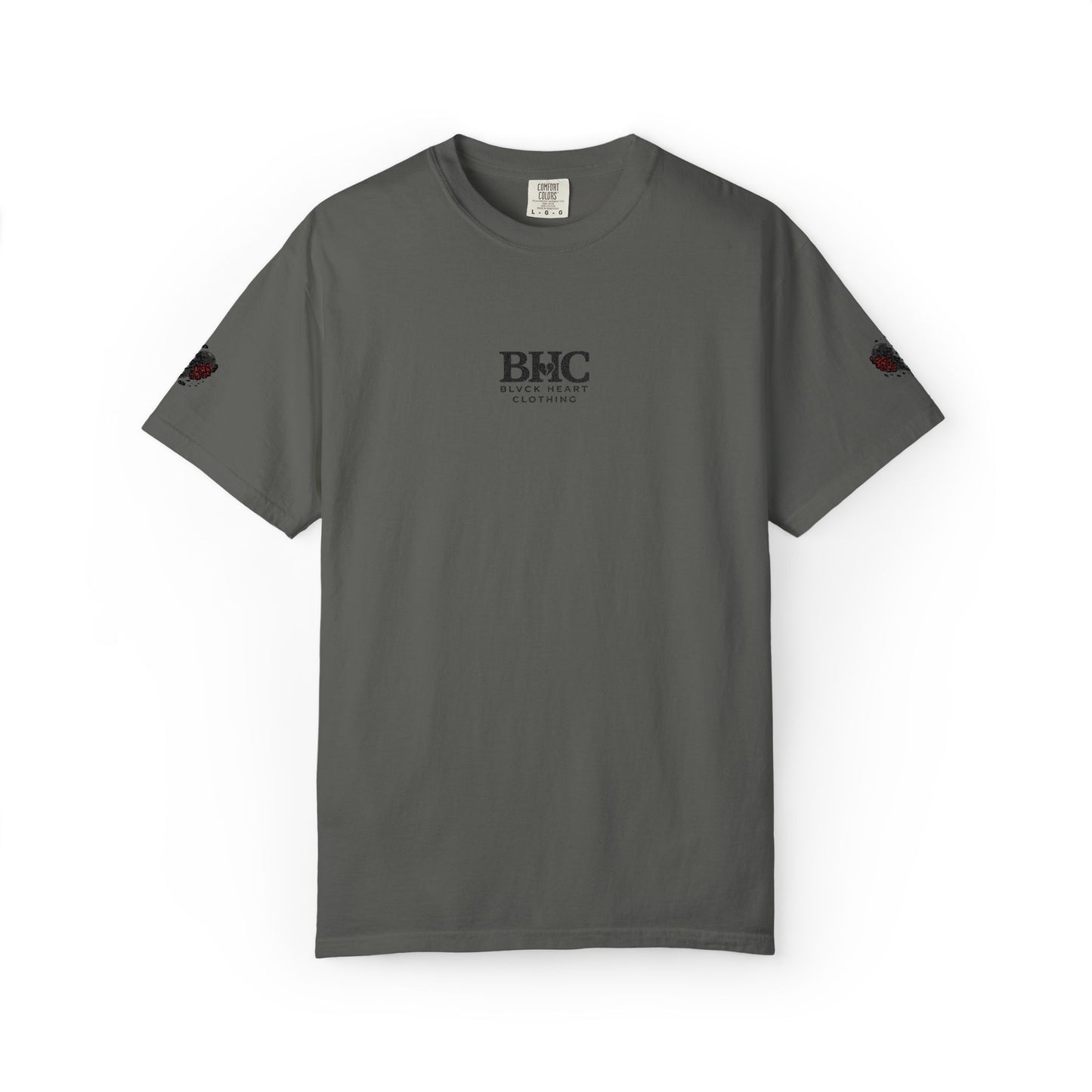 BHC Classic Logo Tee — Minimalist White Graphic T-Shirt with Rose Sleeve Accents